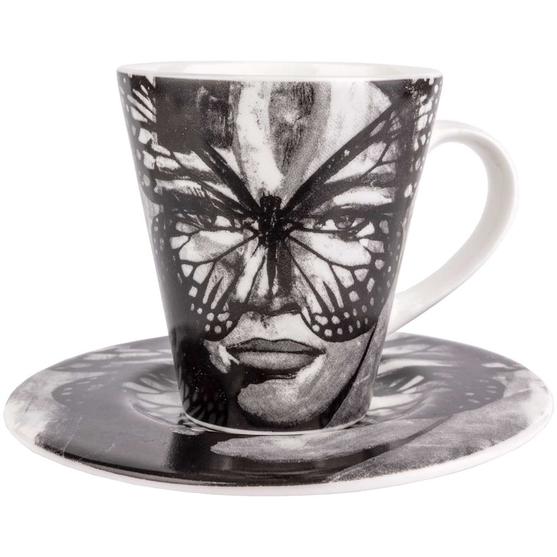 Espressokop Med Underkop, Golden Butterfly Sort Og Hvid