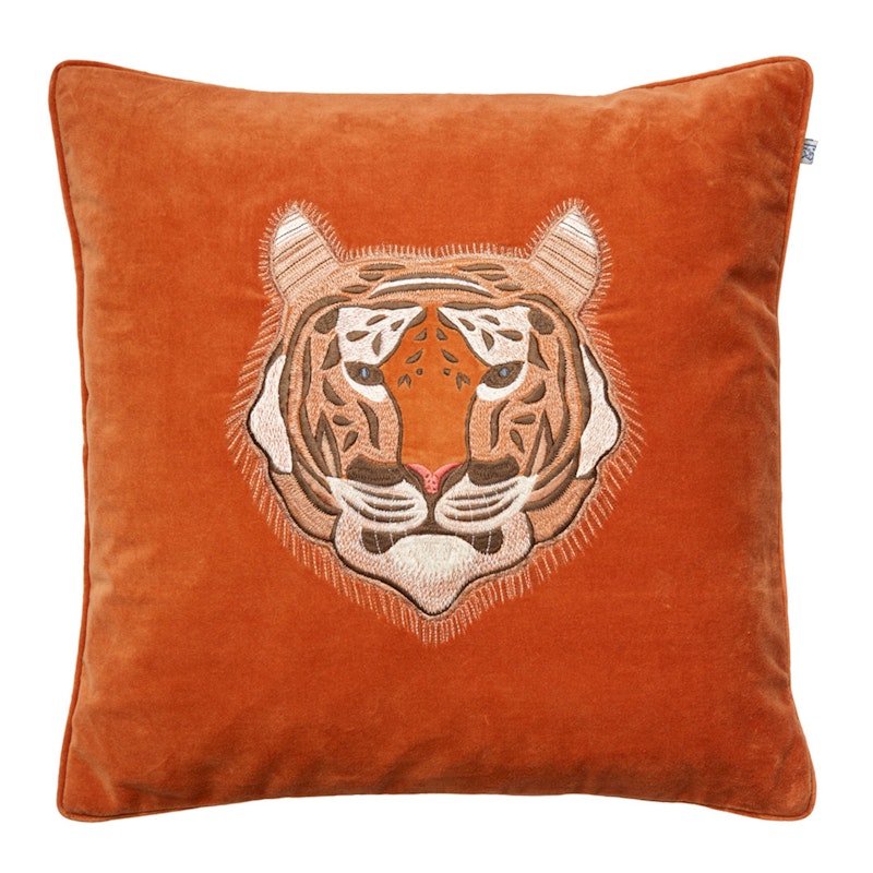 Embroidered Tiger Velvet Pudebetræk 50x50cm Orange