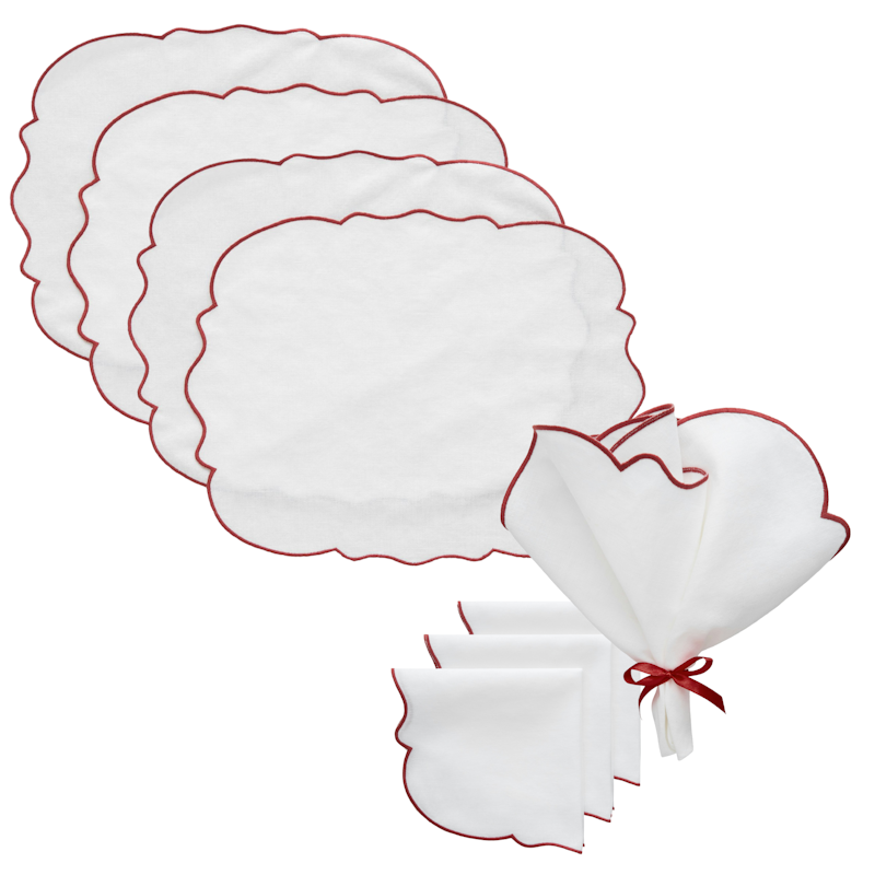 Gia Tekstilsæt 4 Dækkeservietter + 4 Servietter, Hvidt / Bourgogne