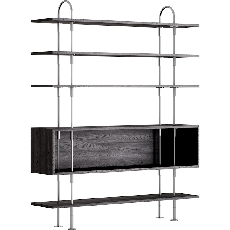 Keen Hyldesystem Med 4 Hylder / 1 Kassehylde 160 cm, Satinpoleret Rustfrit stål / Sortbrun bejdset Ask