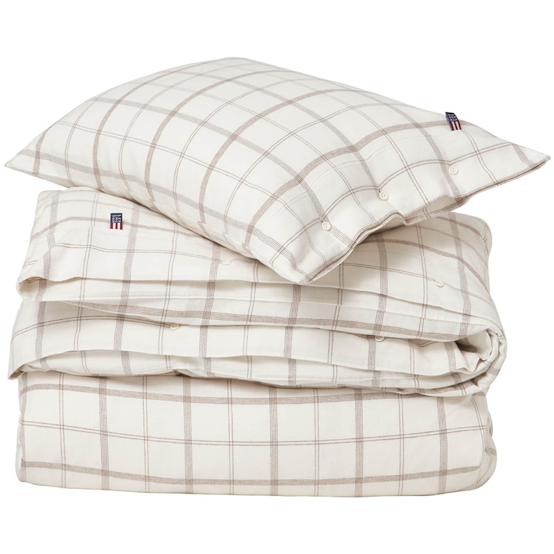 Checked Cotton Flannel Sengesæt 150x210/50x60 cm, Hvidt/Brunt