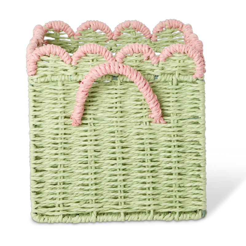 Paper Rope Kurv Foldbar Med Muslingeformede Kanter 20 cm, Grøn / Rosa