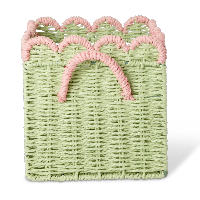 Paper Rope Kurv Foldbar Med Muslingeformede Kanter 20 cm, Grøn / Rosa