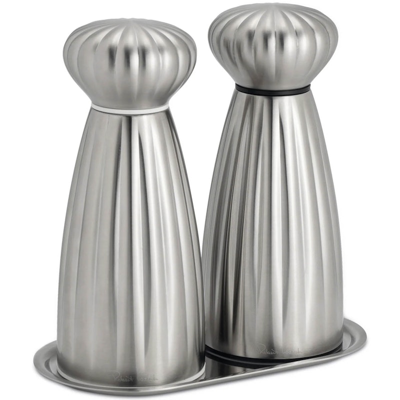 Palm Satin Salt And Pepper Mill Set With Tray