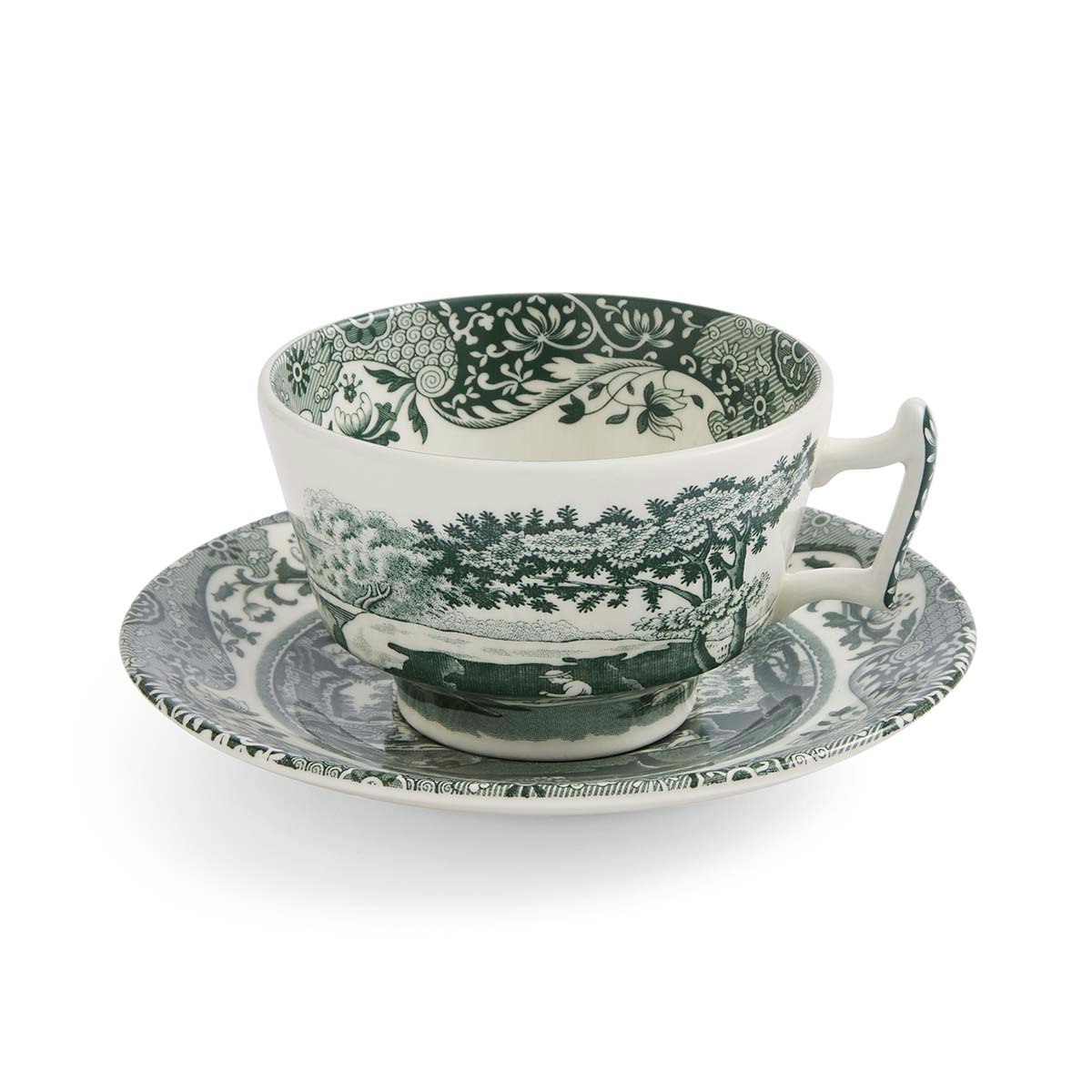 Spode Heritage Green Italian Tekop Med Underkop Gr&oslash;n - Tekopper Porcel&aelig;n Hvid - HGI1130