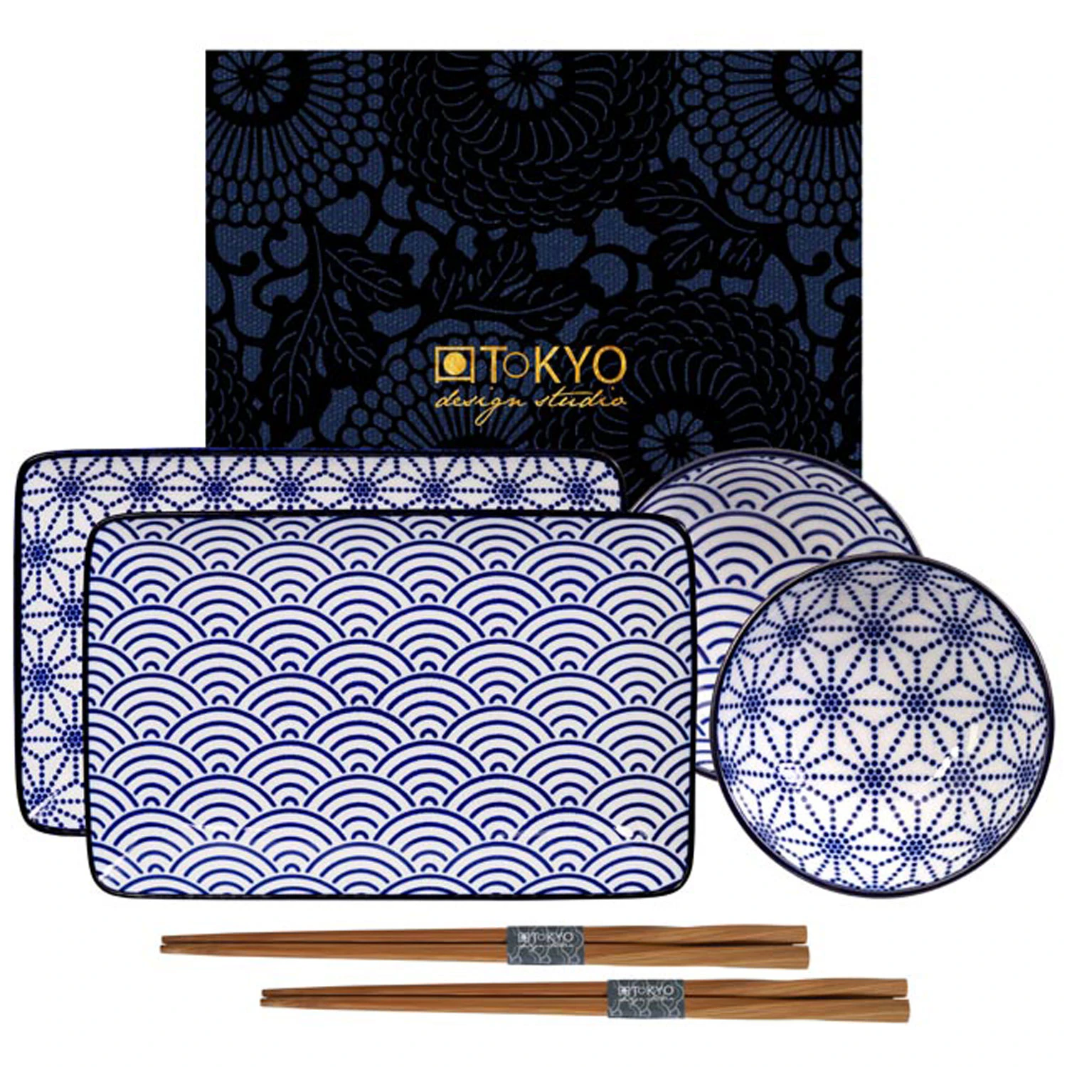 Tokyo Design Studio Nippon Blue Sushi S&aelig;t 6 Dele Wave/star - Middagstallerkner Porcel&aelig;n Bl&aring; - 15330