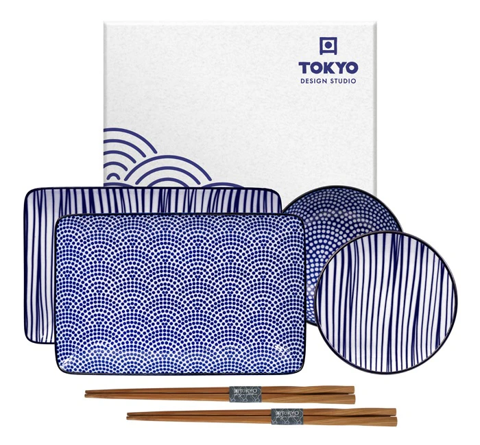 Tokyo Design Studio Nippon Blue Sushi S&aelig;t 6 Dele Lines/dots - Middagstallerkner Porcel&aelig;n Bl&aring; - 17991